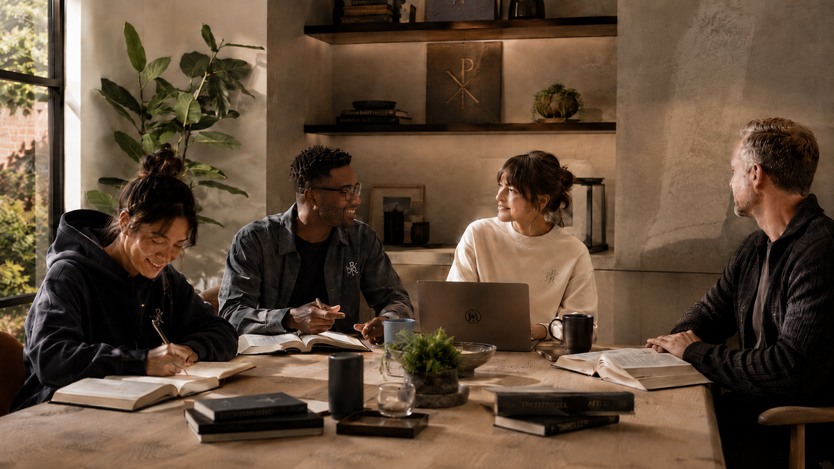 A diverse group gathers around a wooden table to study the Bible, take notes and discuss faith together while wearing subtle Theologie Clothing pieces.