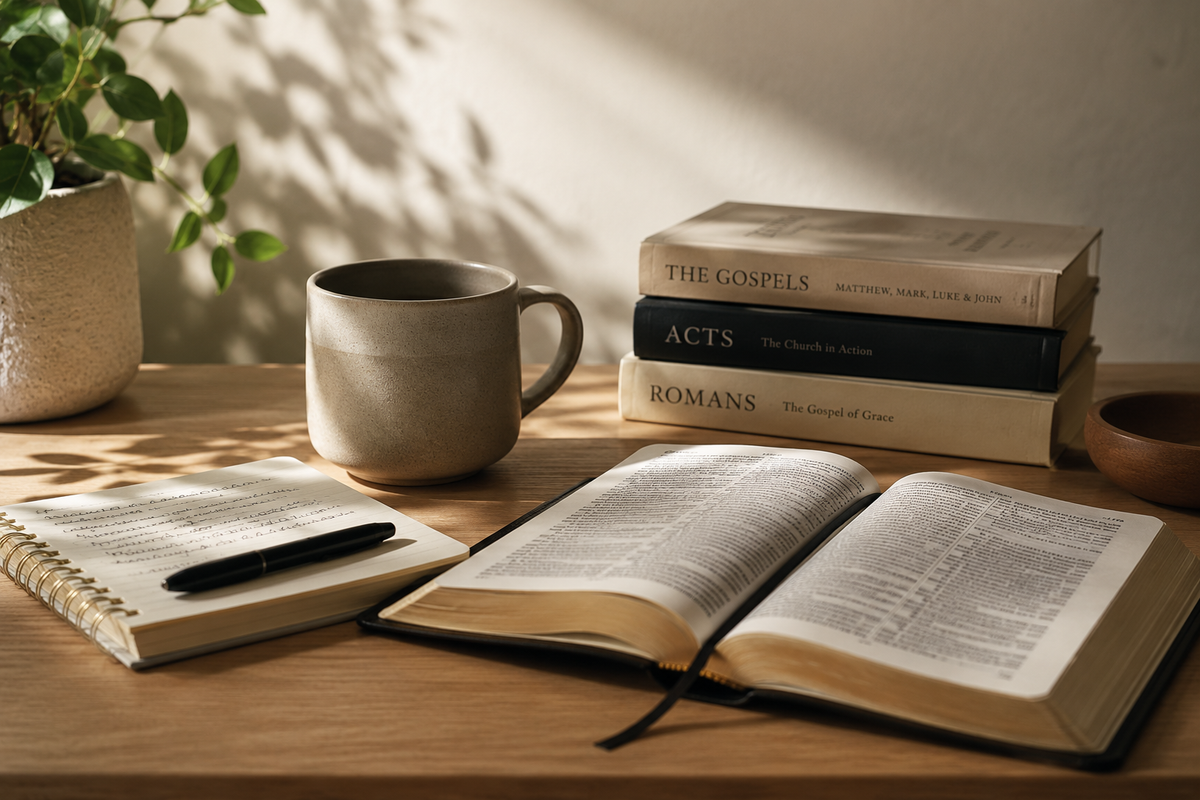 Open Bible with study notes and books on the Gospels, Acts and Romans for Theologie Clothing Bible Reading Pathway