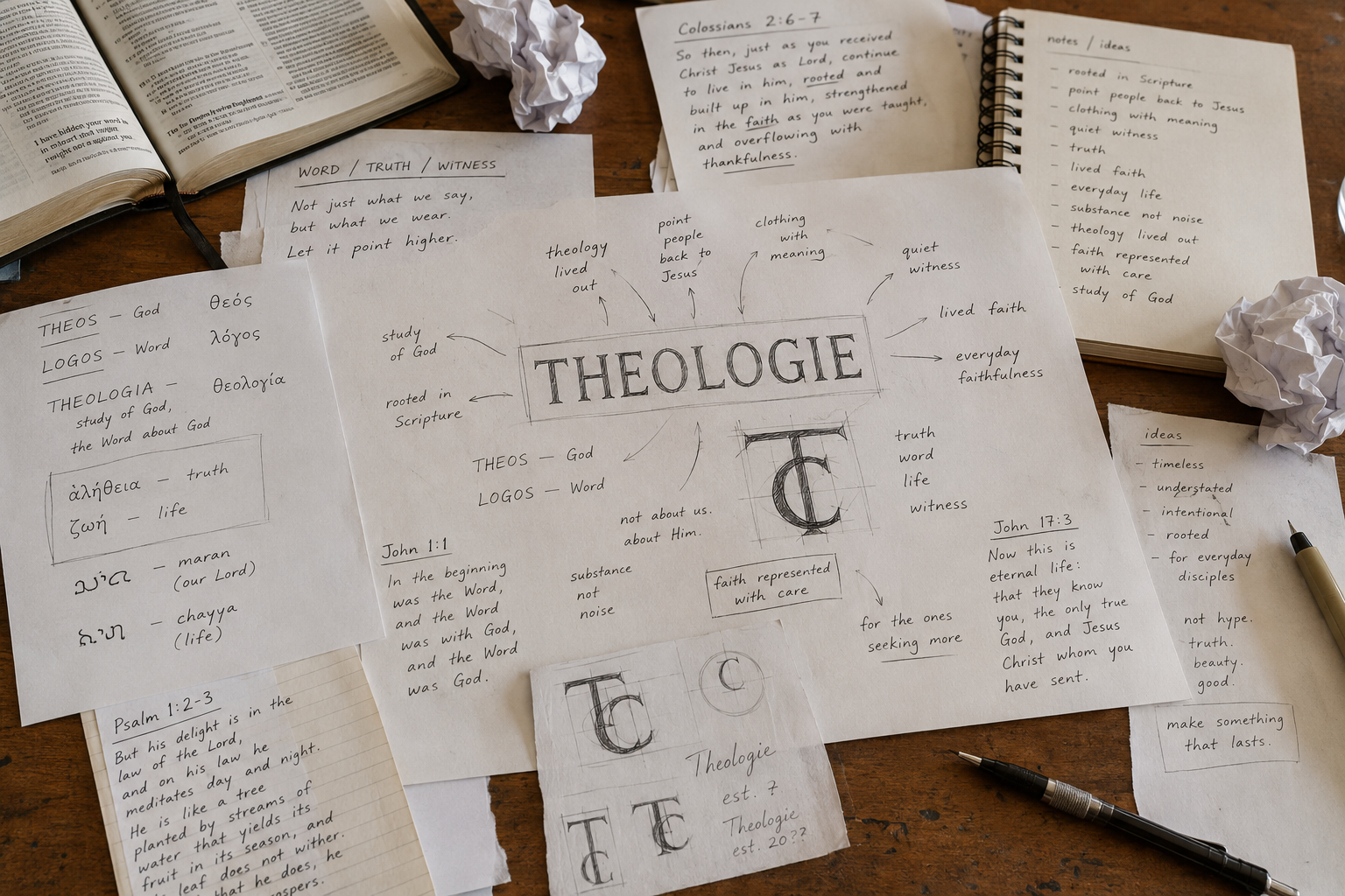 A styled flat-lay of handwritten theological study notes and sketches on paper, featuring the word 'THEOLOGIE' and hand-drawn letters, arranged on a wooden surface with an open book, crumpled paper, and a pen.