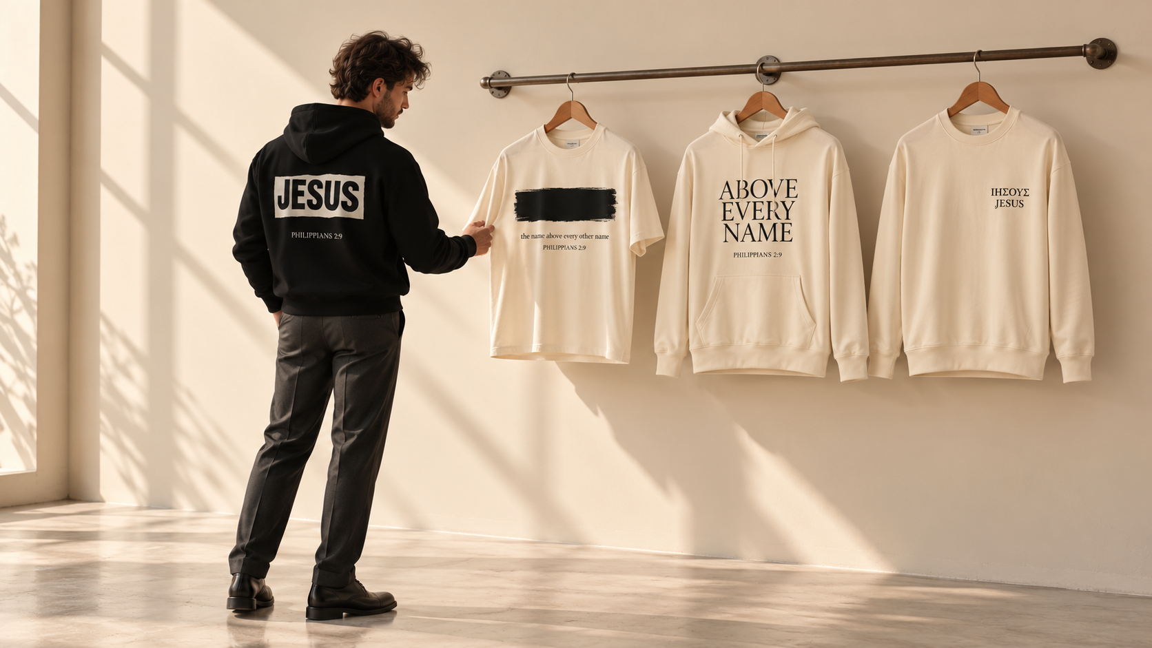 Man wearing a black Jesus hoodie browsing Theologie Clothing T-shirts, hoodies and sweatshirts displayed on a rail.