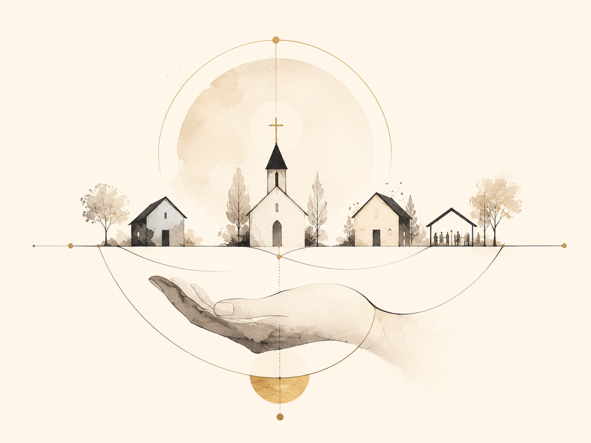 Watercolor illustration of a church and village held in an open hand, the Theologie Clothing vision