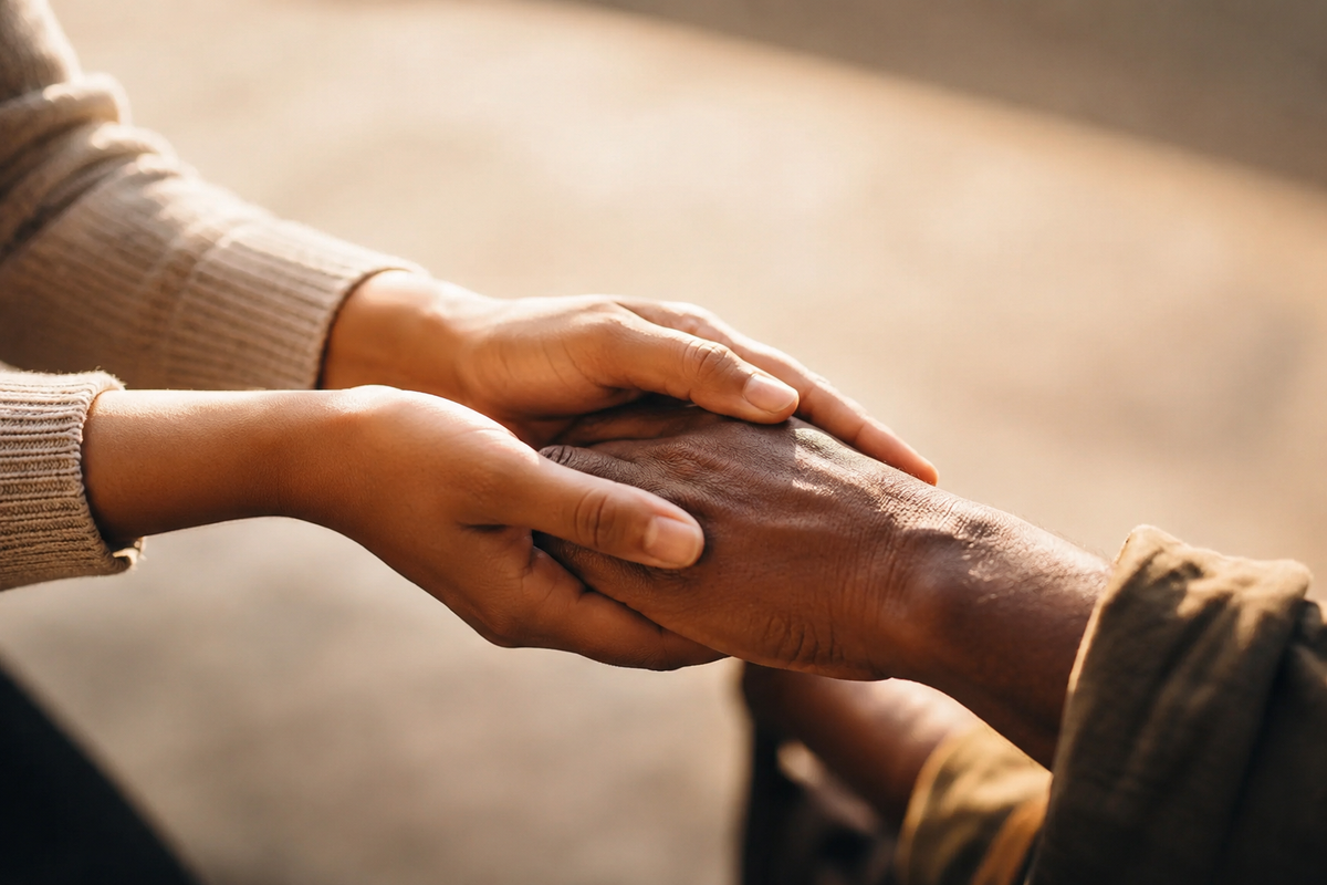 A close-up of two people holding each other's hands in a warm, softly lit setting. One person wears a beige ribbed sweater, and the other wears a brown jacket.