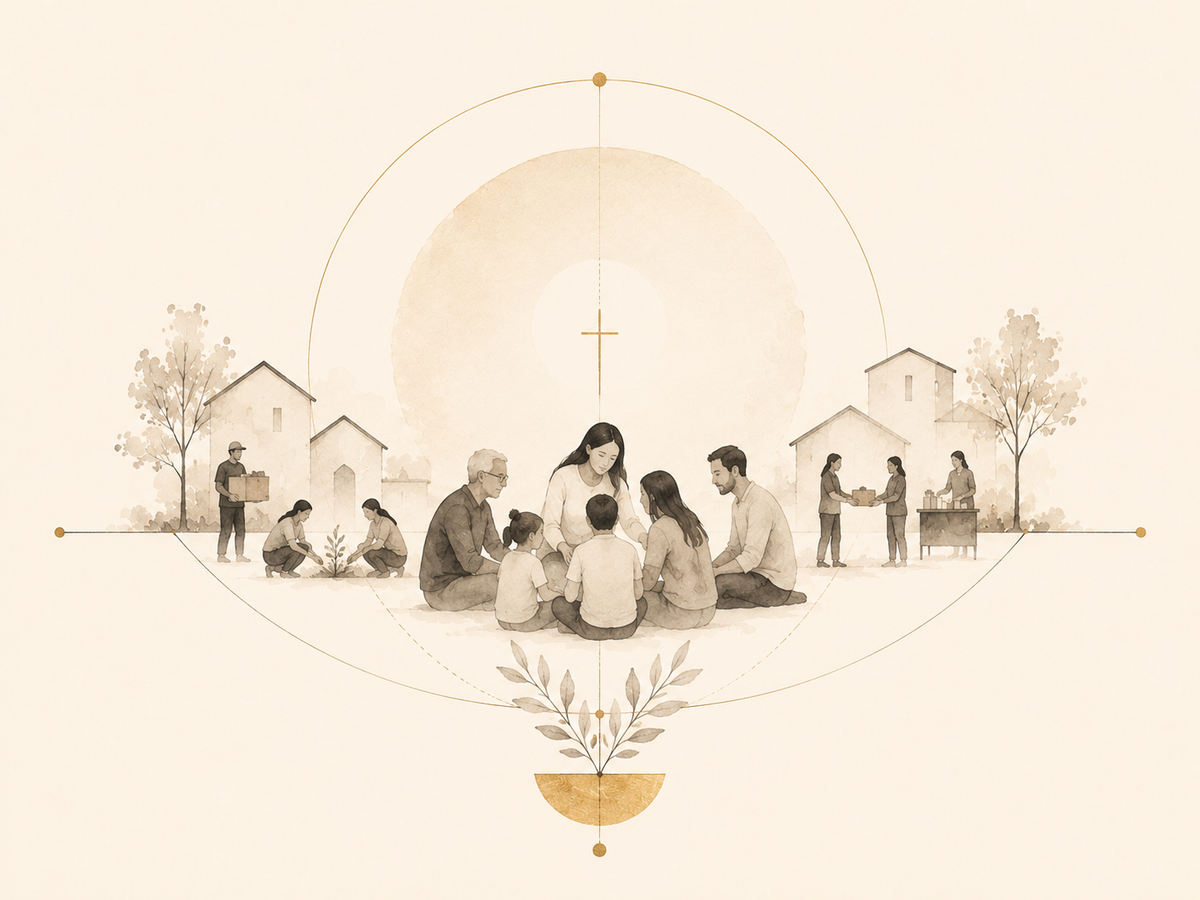 Illustration of a family gathered beneath a cross, with neighbours planting and sharing food, Theologie Clothing
