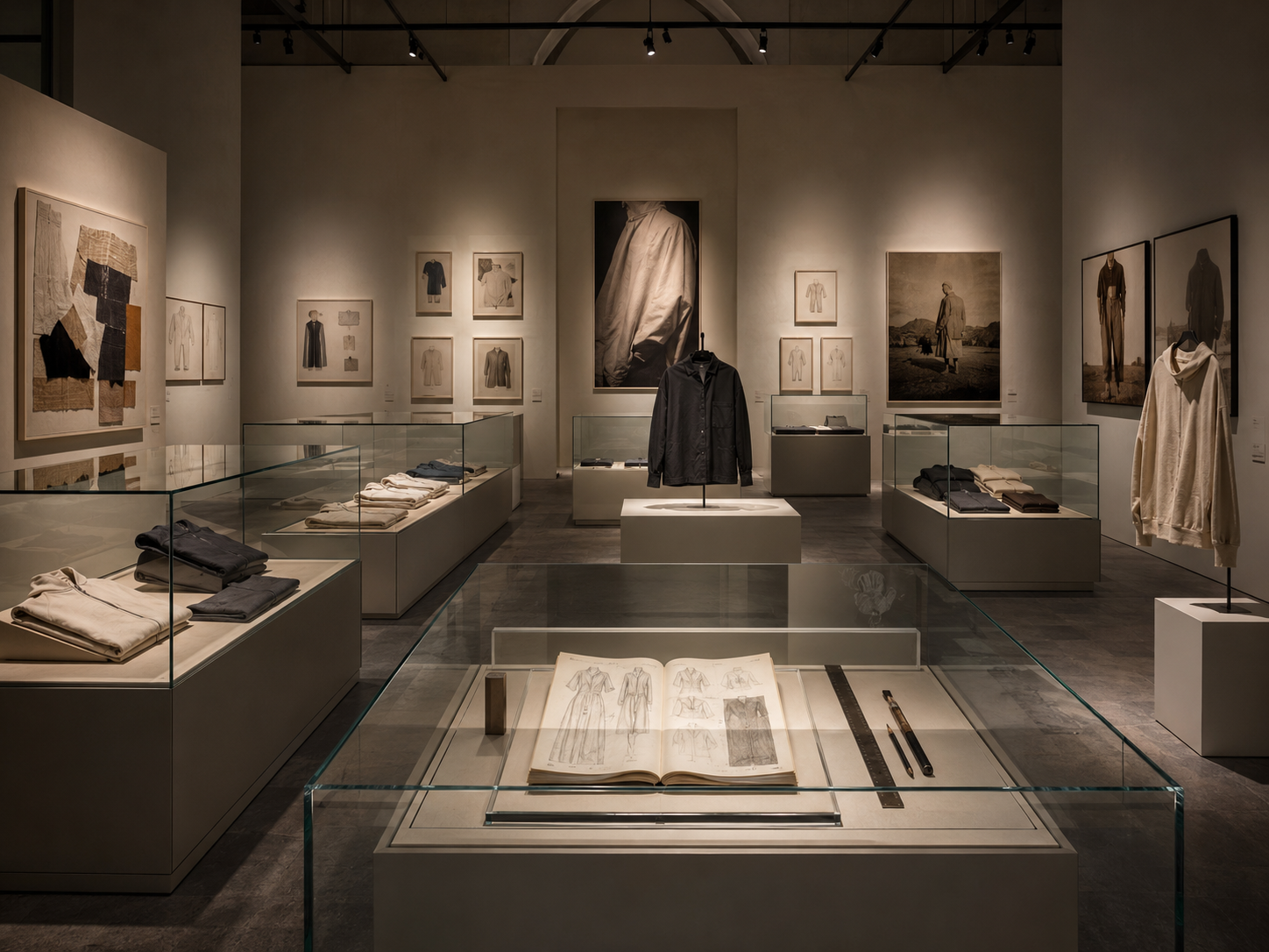 Theologie Clothing fashion exhibition gallery with garments, design sketches and framed campaign imagery on display