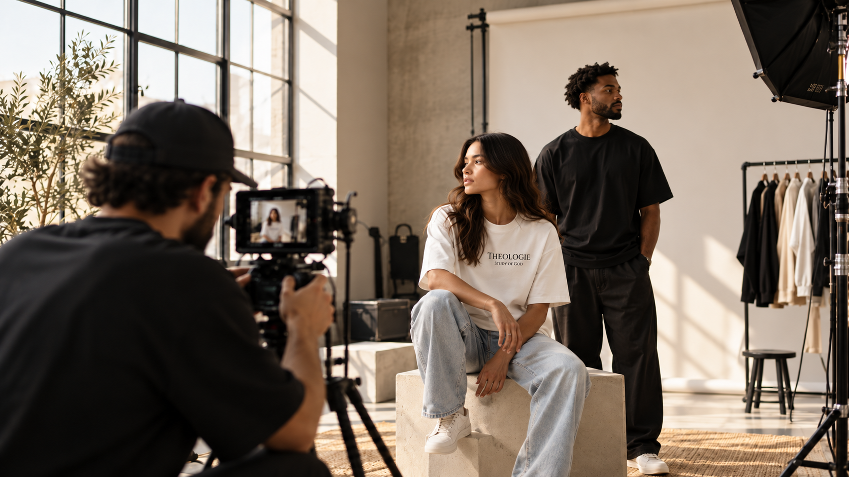 Behind-the-scenes Theologie Clothing photoshoot with models, photographer, studio lighting and clothing rail
