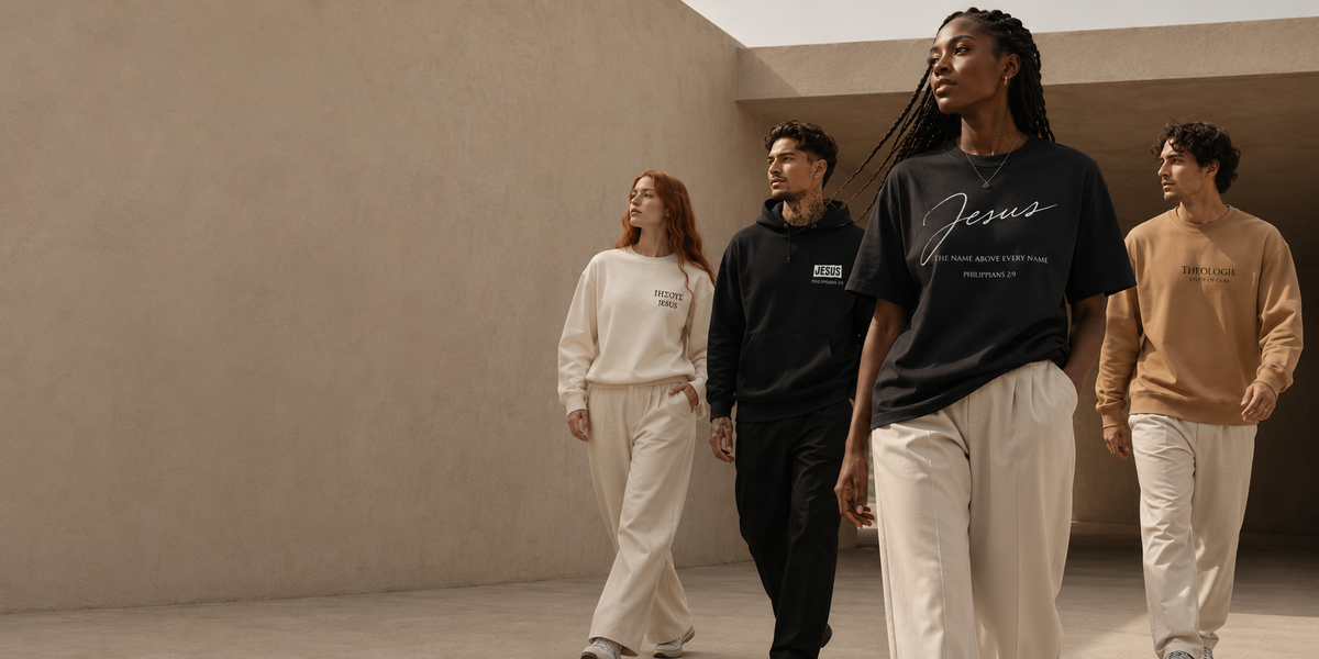 Models wearing black, cream and tan Theologie Clothing tees, hoodie and sweatshirts in a concrete courtyard