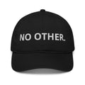 Front view of black Theologie Clothing NO OTHER Christian organic cap with white embroidery