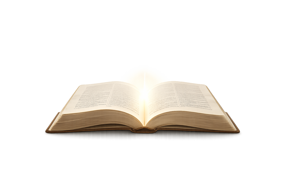 An open book with glowing light shining from the center of the pages, isolated on a black background.