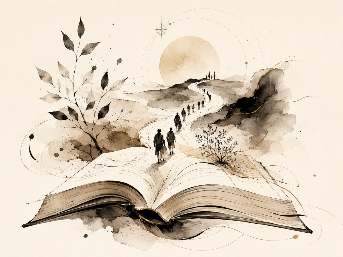 Ink and watercolor illustration of people walking a winding path from an open book toward a rising sun