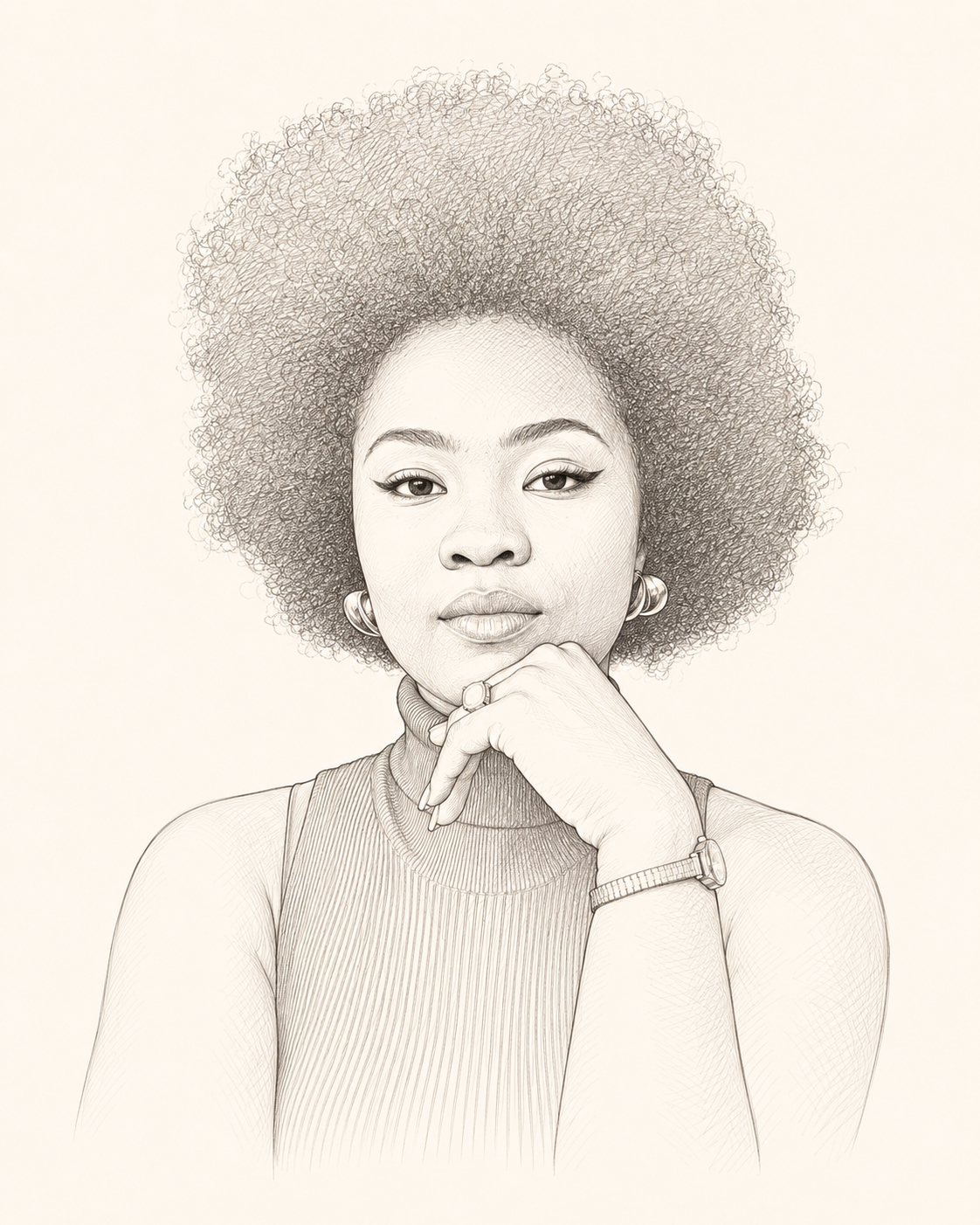 Pencil-style portrait of Theologie Clothing’s co-founder, with an afro hairstyle and her hand resting beneath her chin.