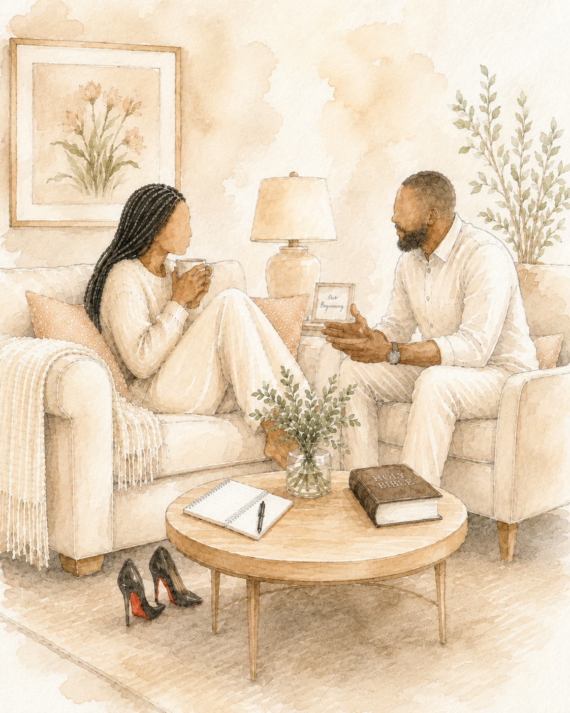 A warm, watercolor-style illustration of a couple sitting on beige sofas in a cozy living room, holding a small framed picture. The scene includes a round coffee table with an open notebook, a closed book, and a small plant, along with a framed floral painting on the wall.