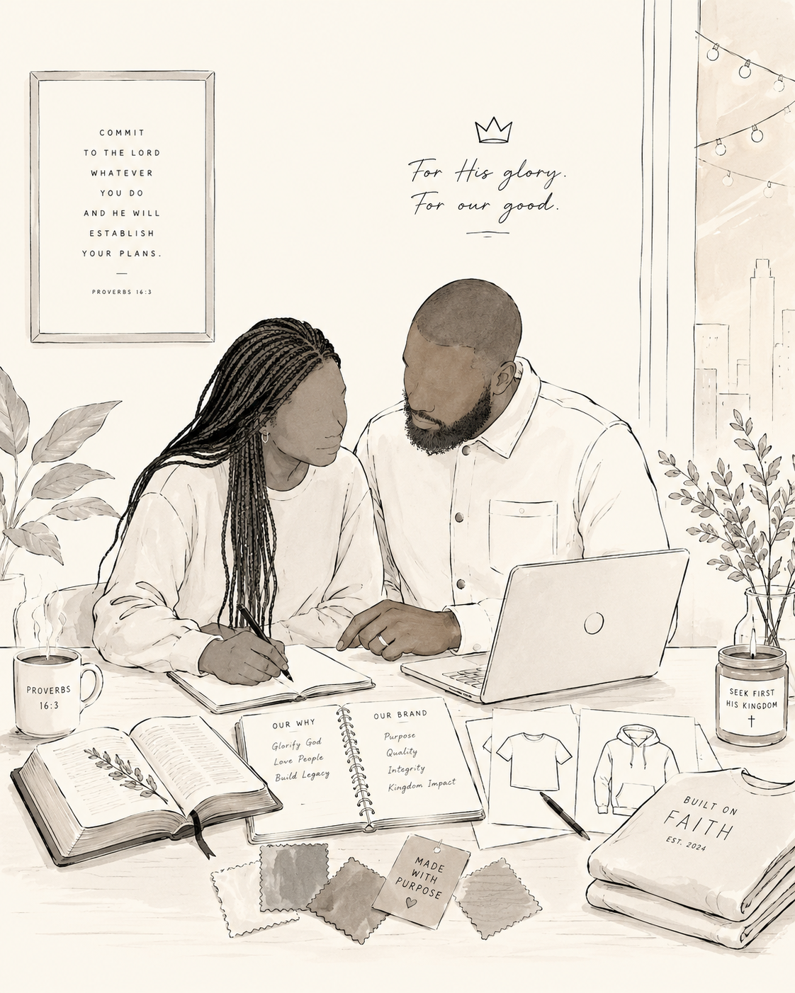 Illustration accompanying Our Story, showing a couple planning a clothing brand at a desk with a laptop, open Bible, garment sketches and fabric samples.