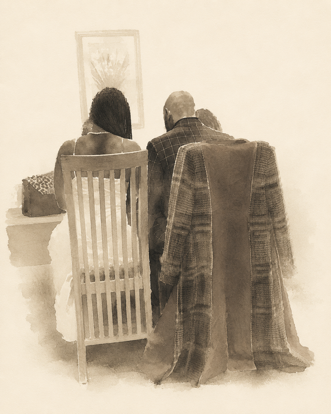 Sepia-toned illustration accompanying Our Story, showing a couple viewed from behind, seated together at a table with a blanket draped over a chair.