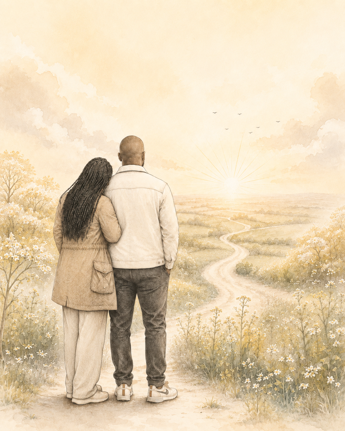 Illustration accompanying Our Story, showing a couple looking towards a sunlit horizon along a winding path through wildflower fields.