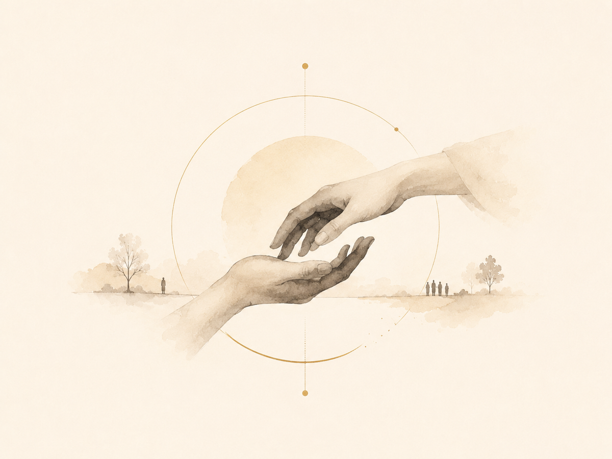 Watercolor illustration of two hands reaching toward each other beneath a soft sun, Theologie Clothing