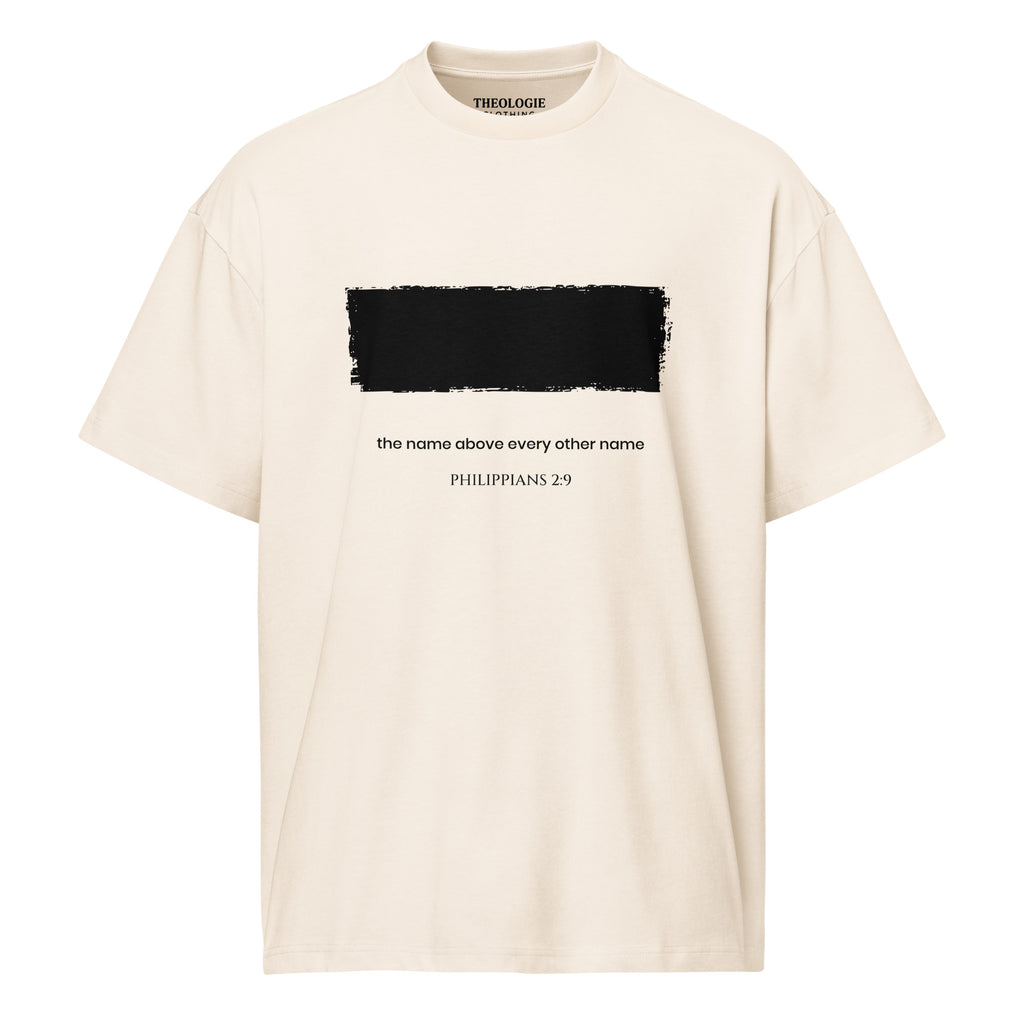 Vintage white Theologie Clothing Redacted Christian T-shirt with black chest graphic and Philippians 2:9 text, front view