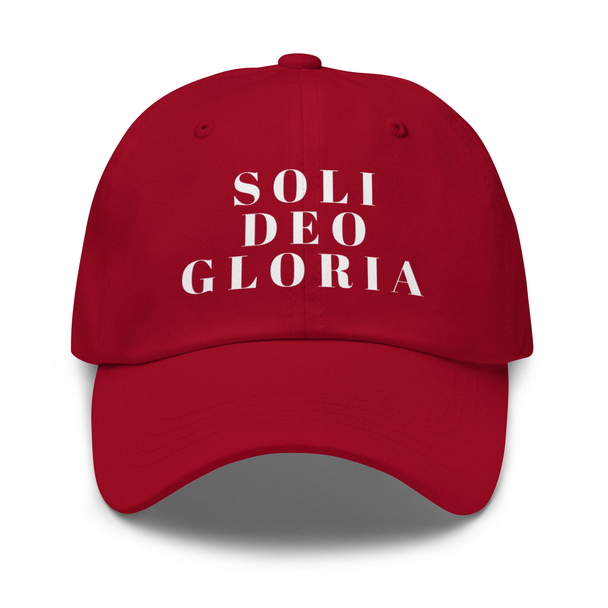 Front view of cranberry Soli Deo Gloria Christian dad hat by Theologie Clothing