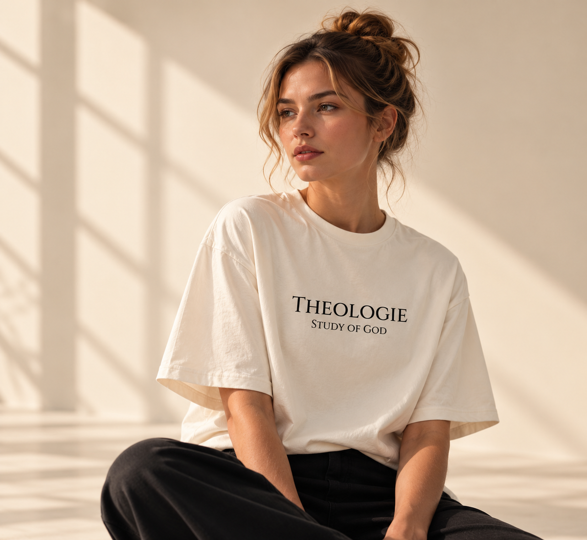 Woman wearing a white Theologie Clothing Study of God T-shirt in a warm studio setting.