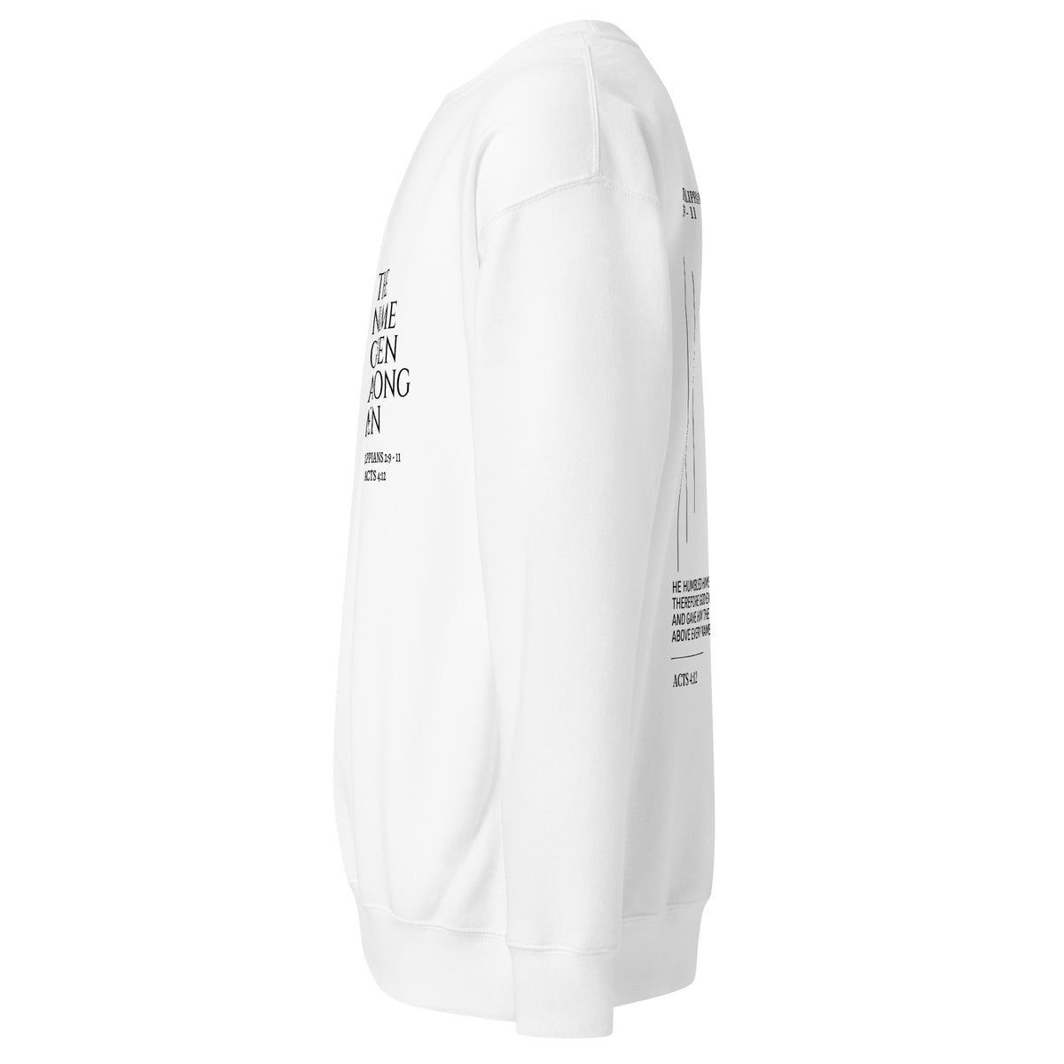 White The Name Given Among Men Christian sweatshirt, left-side view.